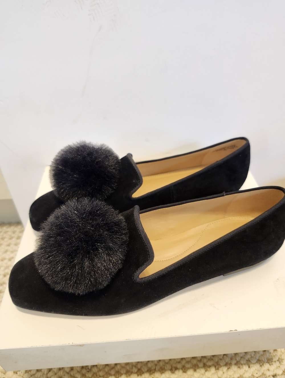 New Talbots "Stella" Black Suede Pom Pom Ballet Square Toe Flats Sz.9 Ret. $129